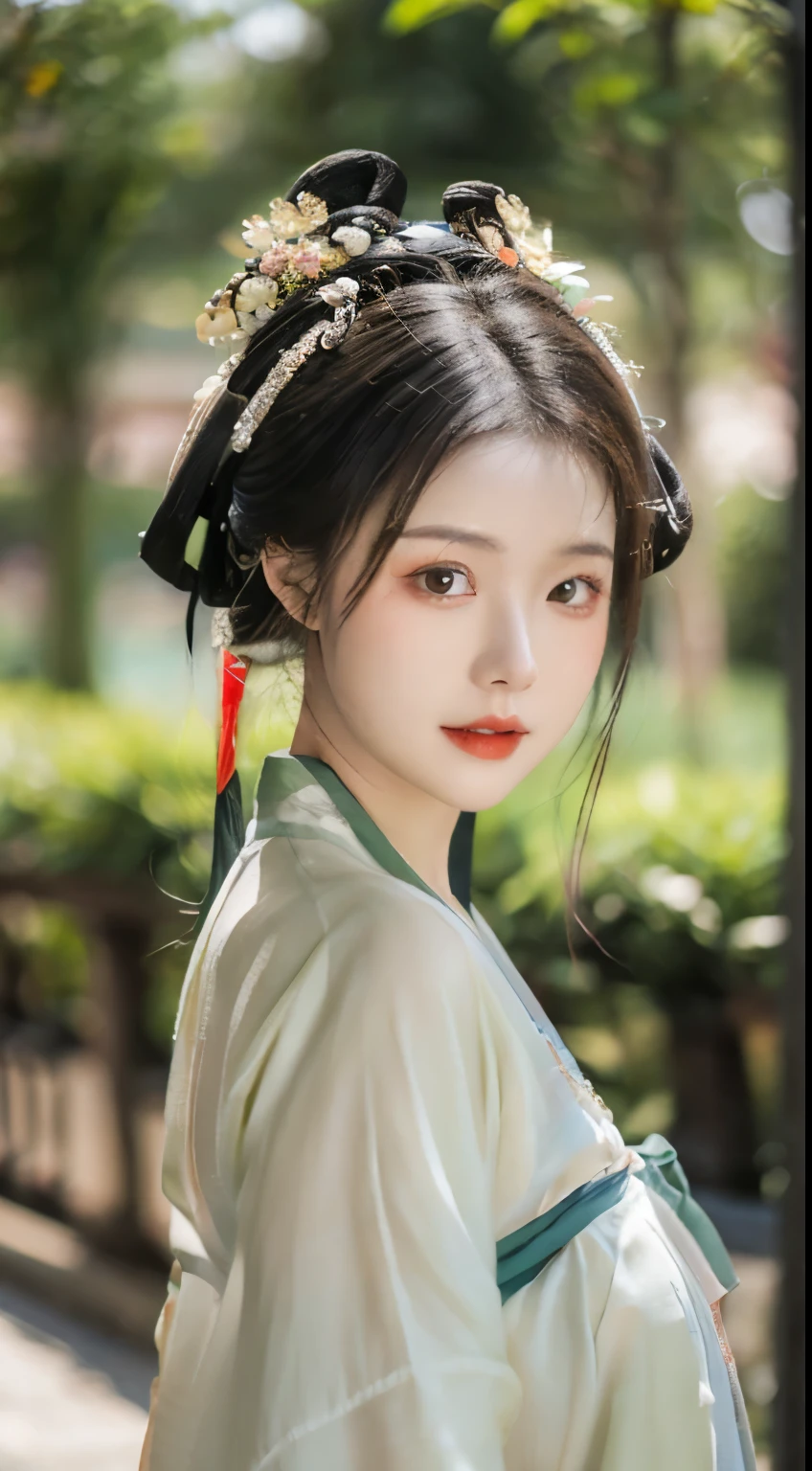 Da Tang，plump woman，Lucky Cloud Bun Headdress，Bright colors的Tang Dynasty Hanfu，silk material，Gorgeous，grace，Bright colors，fine embroidery，Tang Dynasty royal garden，The scene is，top quality,masterpiece:1.3,Ultra-high resolution,),(Super detailed,Caustic lines),(Reality:1.4,RAW Shooting,)Ultra-realistic capture,Very detailed,HD 16K，Suitable for human skin、 Natural skin texture、、Skin looks healthy and even-toned、 Use natural light and color