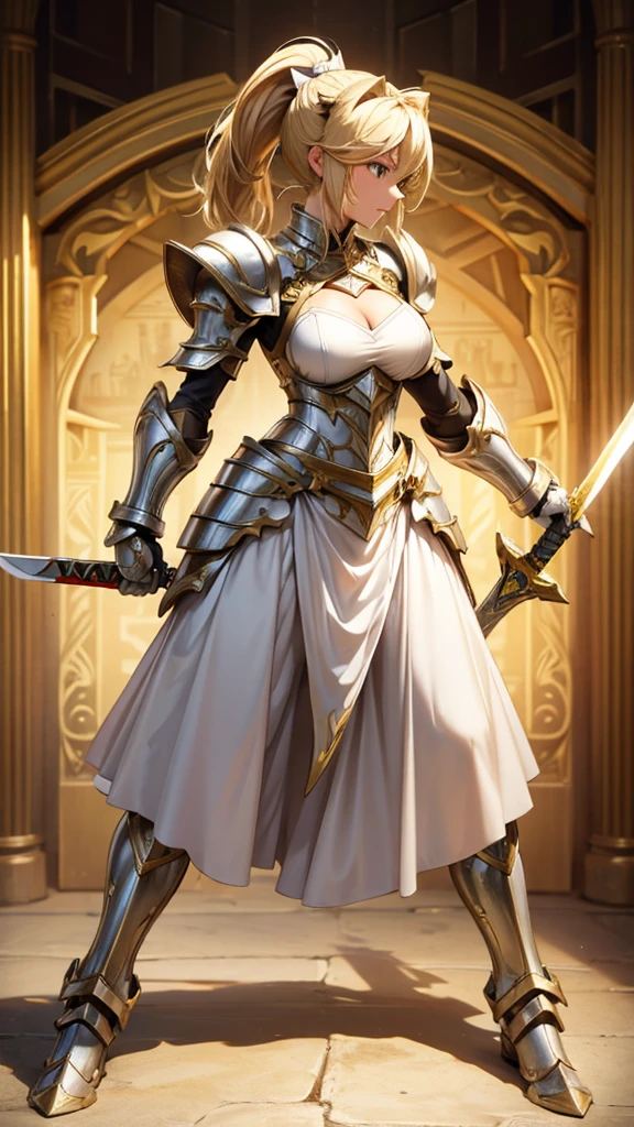 Blonde short ponytail adult woman cleavage,Lion shaped white armor,wing,long skirt,,iron boots,holding sword with both hands,whole body,front,maze