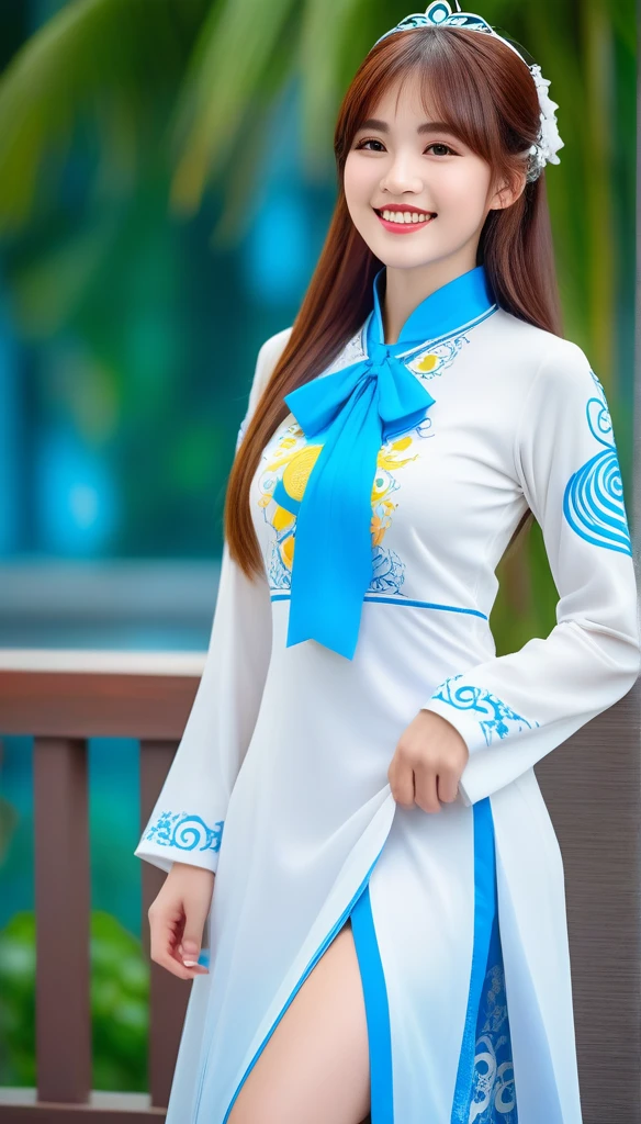 Ah, like the cute girl of the 22-year-old smiling CG cosplay Vietnam Airlines employee with a round face and innocent smile wearing a white Vietnamese ao dai outfit seen on the shirt with outstanding cartoon patterns with long light reddish brown hair Highest quality 3D images HDR 8k resolution uhd aperture sharp to every detail