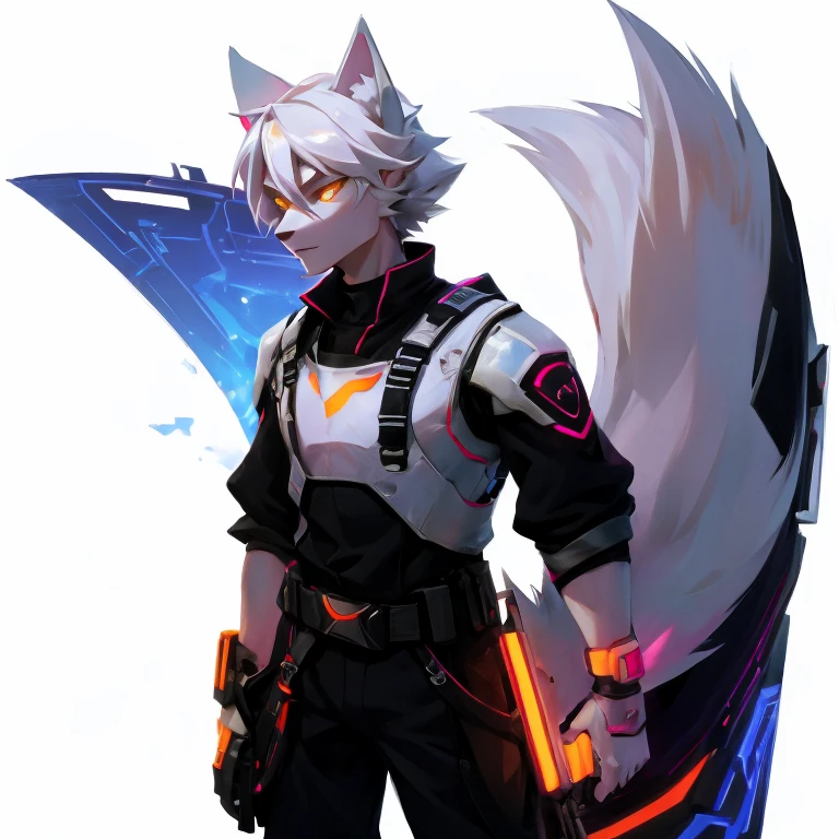 cyber punk perssonage,epcot,Tech style,solo person,White body,White ears,White hair,Overall white,Orange-yellow eyes,Wolf tail,Wolf orcs,Young,Wear a short-sleeved shirt,Ultra-clear screen,Soft lines