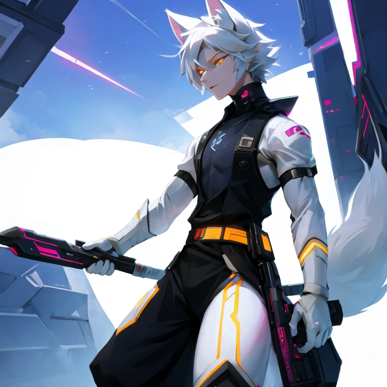 cyber punk perssonage，epcot，Tech style，solo person，White body，White ears，White hair，Overall white，Orange-yellow eyes，Wolf tail，Wolf orcs，Young，Wear a short-sleeved shirt，Ultra-clear screen，Soft lines