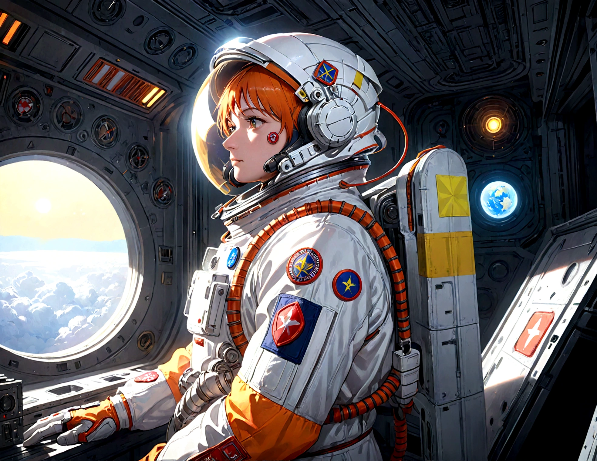 The astronaut is a 30-year-old man.., white and orange metallic clothing, ((ukrainian patches:1.5 )), cinematic, picture 촬영, half backlight, back light, dramatic lighting , incandescent light, soft lighting, Incredibly detailed and complex, hyper maximalist, Art, elegant pose, dynamic, picture, volume , very detailed, intricate details, Gwise의 very detailed 걸작, future environment