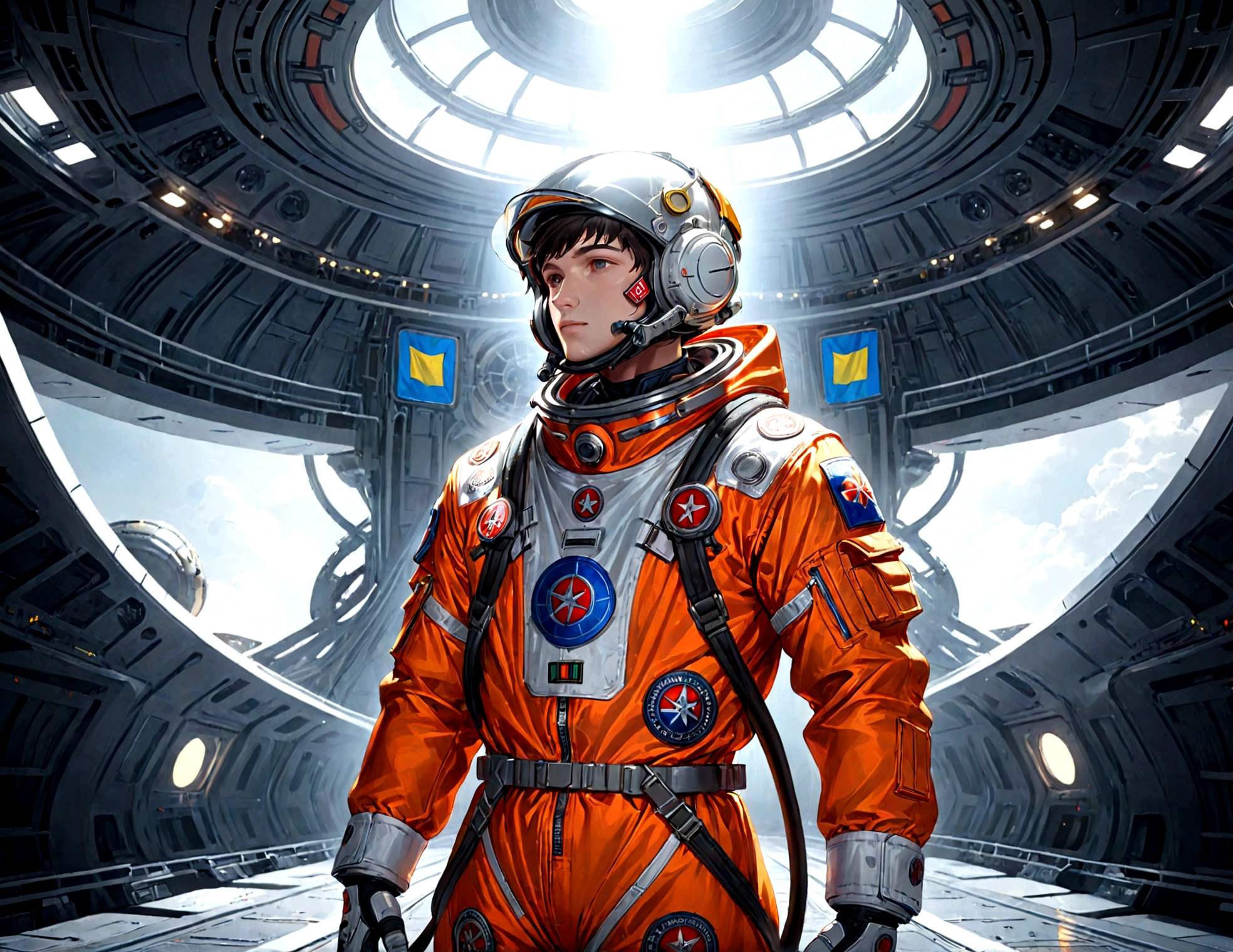 The astronaut is a 30-year-old man.., white and orange metallic clothing, ((ukrainian patches:1.5 )), cinematic, picture 촬영, half backlight, back light, dramatic lighting , incandescent light, soft lighting, Incredibly detailed and complex, hyper maximalist, Art, elegant pose, dynamic, picture, volume , very detailed, intricate details, Gwise의 very detailed 걸작, future environment