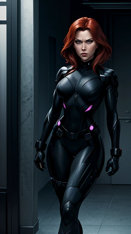 On a covert mission, Black Widow stealthily investigates her surroundings, her tight suit allowing for silent movement while showcasing the sleek lines of her body, including her firm buttocks. With a determined gaze and stealthy grace, she uncovers secrets with finesse.