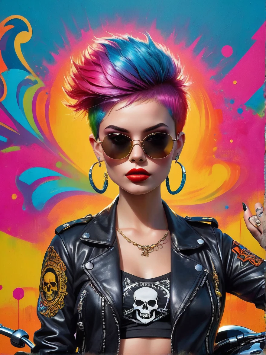 Punk style,Fantasy Gothic,((The most rebellious bad girl in history)),1girl,((solo)),(((Stylish sunglasses))),Berets,Lips in love,Skull Fashion,Neon,Short iridescent hair,Rainbow fabric,Biker Jacket,Bodysuit,Gold pattern,Ancient runes,Metal nails,(Middle finger raised:1.3),Standing in front of a motorcycle skull graffiti art background,Add whimsy to the scene,To enhance the sharpness and modernity of the scene,Sharp lines,Bold brushstroke numbers, , UHD, masterpiece, accurate, anatomically correct, textured skin, super detail, high details, award winning, 8k