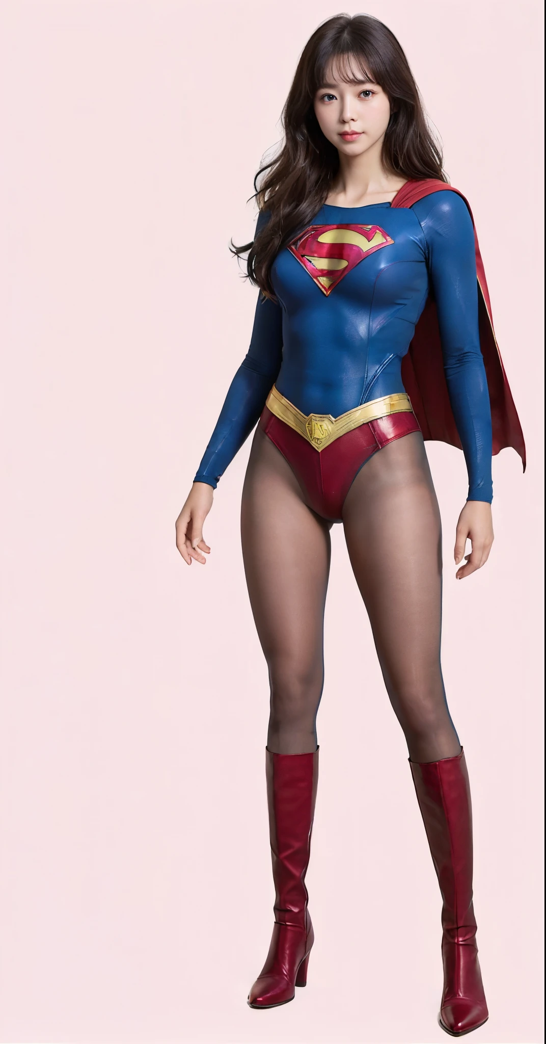 No background、(((Beautiful legs in black tights.)))、(((Legally express the beauty of your smile)))、((((Make the most of your original images)))、(((Supergirl Costume)))、(((Beautiful hairstyle)))、(((suffering)))、(((Please wear black tights....、Wear red boots)))、((Best image quality、8k))、((highest quality、8k、masterpiece:1.3))、(((Preserve background )))、Sharp focus:1.2、Beautiful woman with perfect figure:1.4、Slim Abs:1.2、Wet body:1.5、Highly detailed face and skin texture、8k
