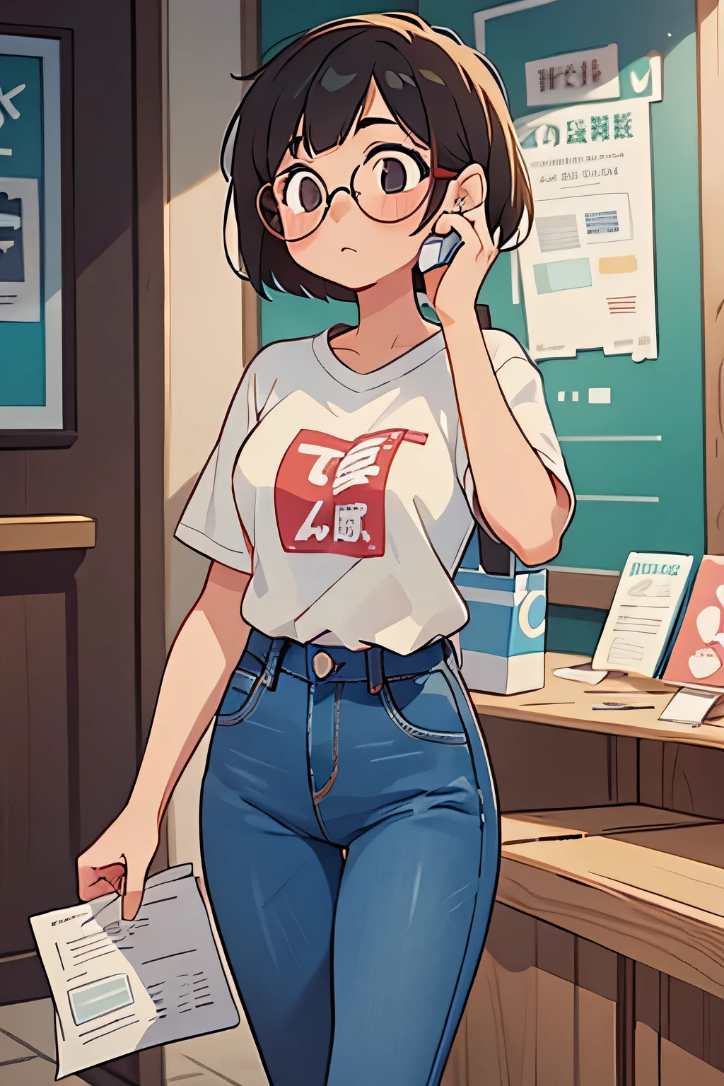 A 25-year-old girl with short hair standing in front of a store,One hand on the phone,A hand holding a receipt,Wearing glasses,Wearing jeans、Short sleeve,Very nervous