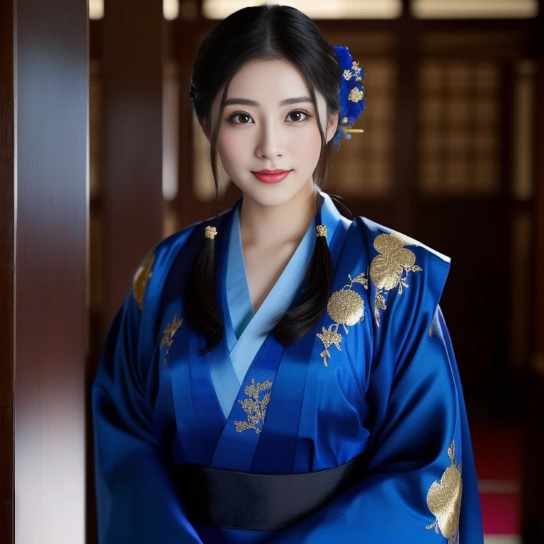 Asian woman Arav in expensive silk kimono, blue,gold color,red, ผู้หญิงอาราฟในชุดกิโมโนblueโพสท่าถ่ายรูป, palace , a girl in Hanfu, Hanfu, สวมChinese dressโบราณ, สวมเสื้อคลุมblue, traditional chinese clothing, สวมเสื้อคลุมblue, with ancient Chinese clothes, Chinese dress, Inspired by Gu An, traditional beauty, white Hanfu, traditional clothing, ancient chinese beauty