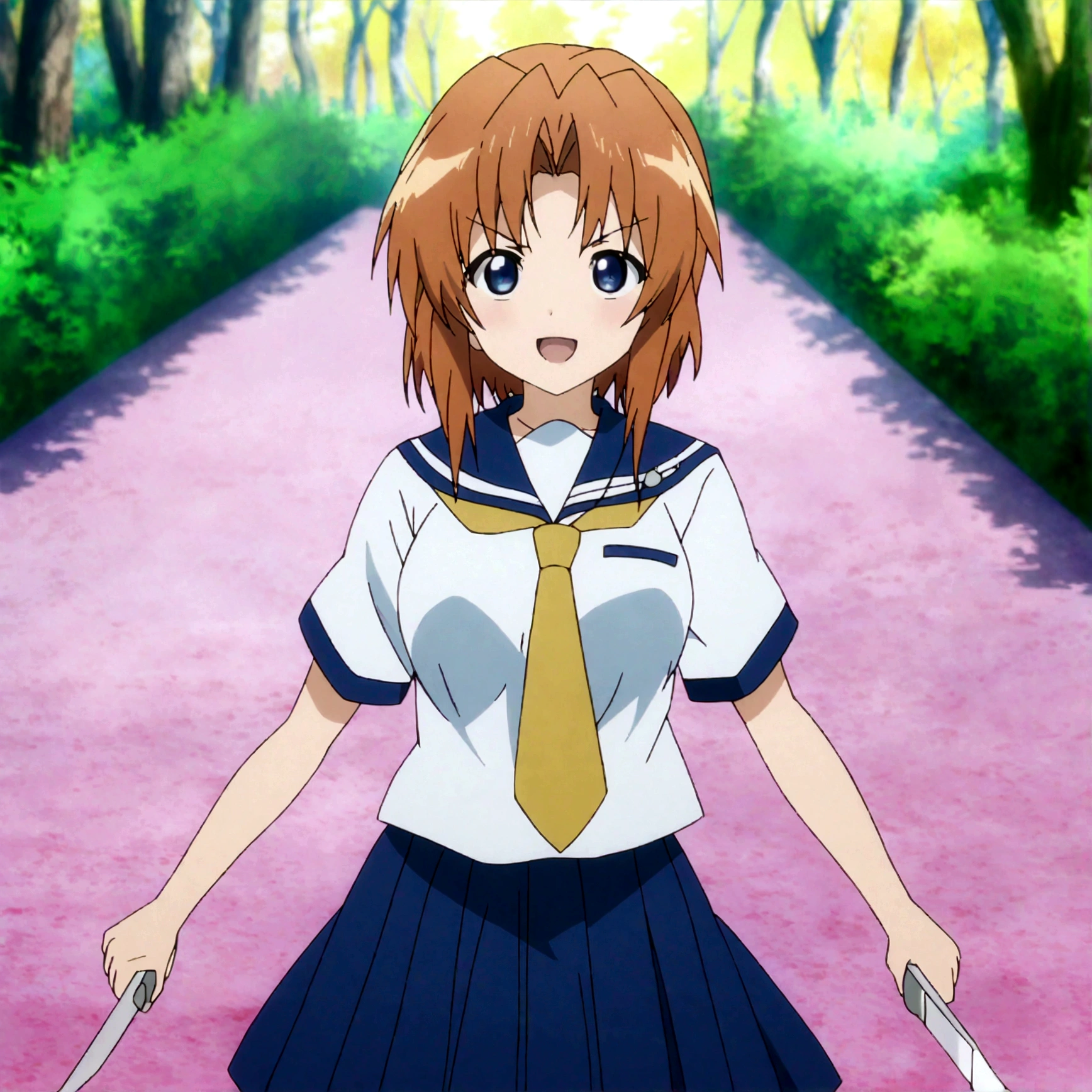 score_9, score_8_up, score_7_up, score_6_up, source_anime, anime screencap, anime coloring, 1girl, ryuuguu rena, solo, teenage, kawaii, ???????, ??????????????, blue eyes, blush, open mouth, orange hair, short hair, ???????????, simple background, white background, blue , serafuku, skirt, smile, pleated skirt, blue skirt, necktie, yellow necktie,fullbody,holding machete,straight-on,looking at viewer,stance,dynamic angle,forest,sunset,