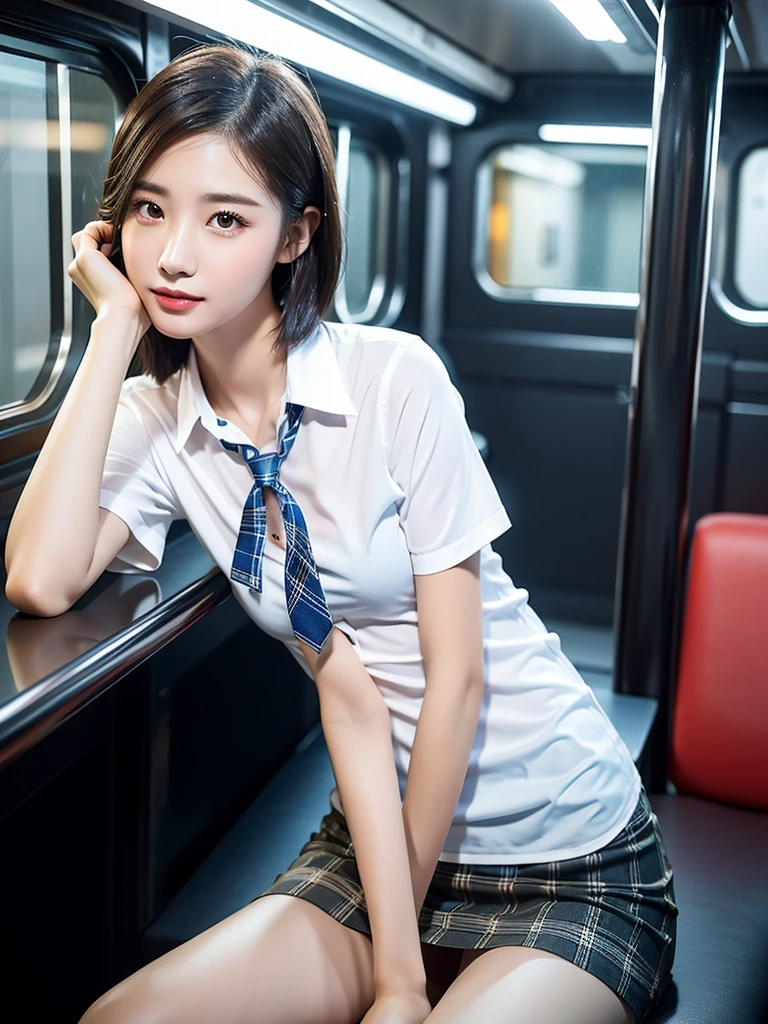 A gorgeous Chinese lady, 20-year-old , resting in an empty china train at night, wearing a white short-sleeve blouse, plaid tie, and plaid mini-skirt, with a youthful, smooth complexion, symmetrical face,beautiful detailed eyes and lips, long eyelashes, a slender figure, and a friendly, approachable smile. She has short bob hair and a confident, poised demeanor. Her hair is wet. She's drenched from the heavy rain. The nightsky background is blurred with a Bokeh effect. (best quality,4k,8k,highres,masterpiece:1.2),ultra-detailed,(realistic,photorealistic,photo-realistic:1.37),HDR,UHD,studio lighting,ultra-fine painting,sharp focus,physically-based rendering,extreme detail description,professional,vivid colors,bokeh