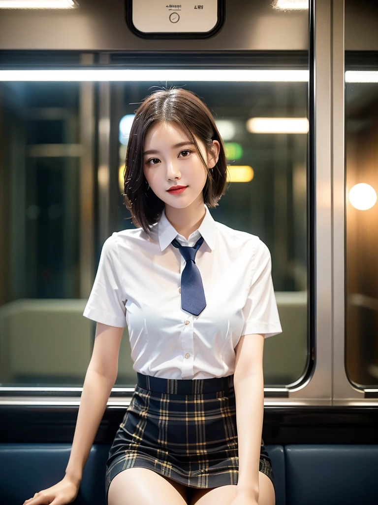 A gorgeous Chinese lady, 20-year-old , resting in an empty china train at night, wearing a white short-sleeve blouse, plaid tie, and plaid mini-skirt, with a youthful, smooth complexion, symmetrical face,beautiful detailed eyes and lips, long eyelashes, a slender figure, and a friendly, approachable smile. She has short bob hair and a confident, poised demeanor. Her hair is wet. She's drenched from the heavy rain. The nightsky background is blurred with a Bokeh effect. (best quality,4k,8k,highres,masterpiece:1.2),ultra-detailed,(realistic,photorealistic,photo-realistic:1.37),HDR,UHD,studio lighting,ultra-fine painting,sharp focus,physically-based rendering,extreme detail description,professional,vivid colors,bokeh