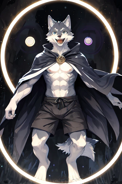 (masterpiece,best quality,perfect anatomy),detailed background,hi res,nj5furry,kemono,
solo,male anthro wolf,cloak,topless,shorts,laugh,looking at viewer,
dark theme,backlight,(circle light:1.4),magic,