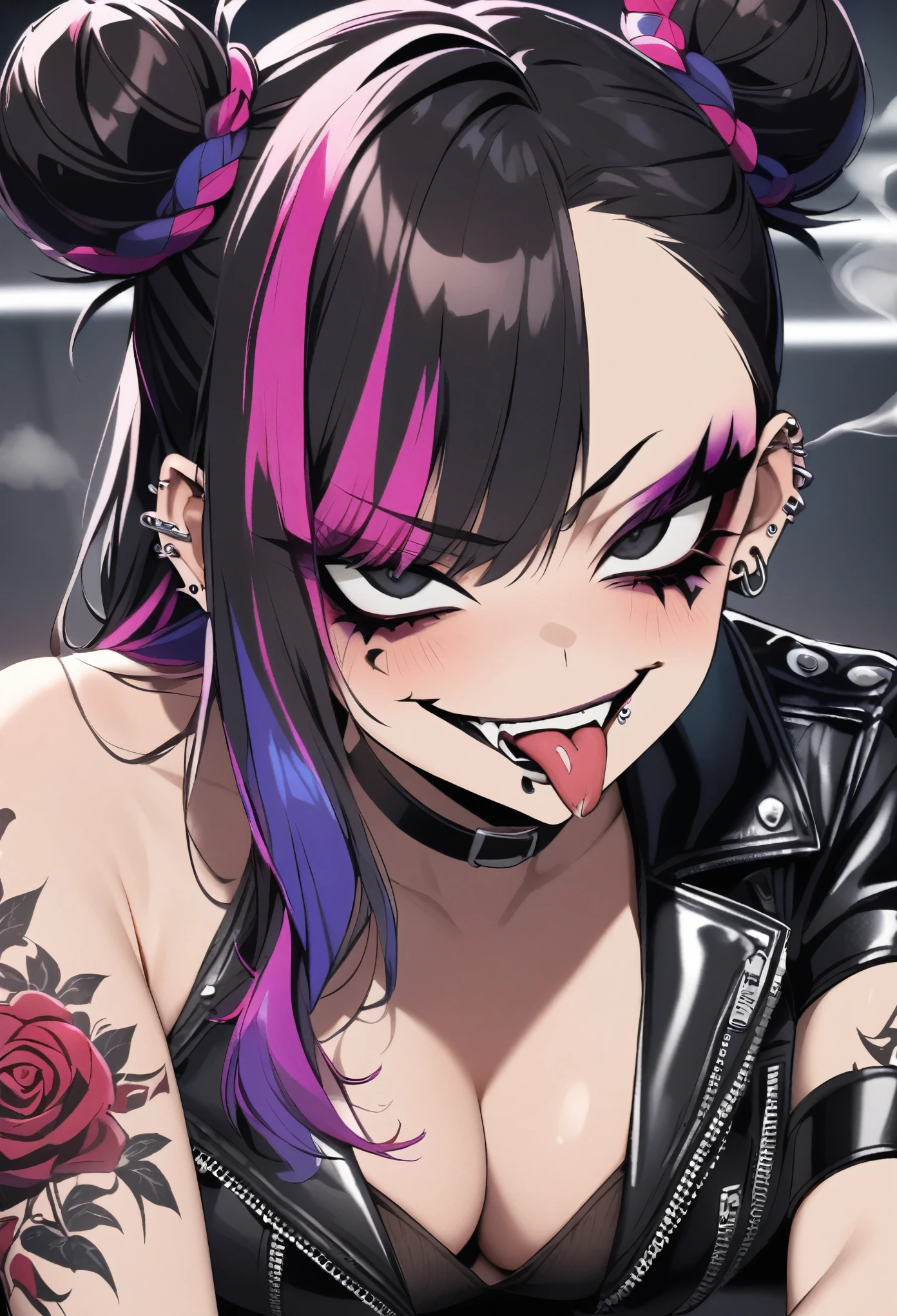 a mean girl with a half-peeled leather jacket, a rose tattoo on her right arm, black eye makeup, a tongue piercing, ear piercings, multicolored hair in a double bun, an evil smile, smoking