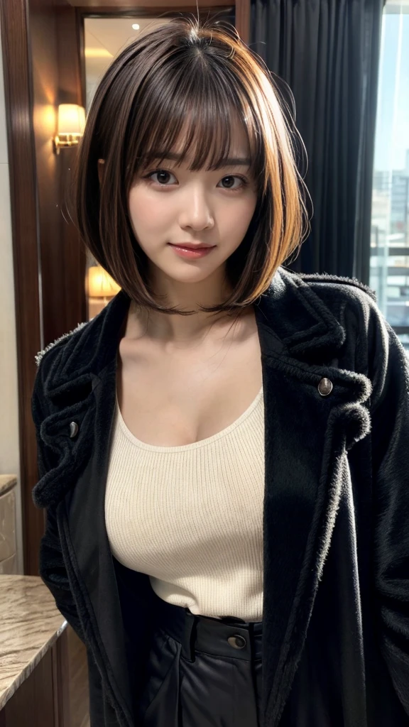 With bangs,Beautiful black hair,Woman with straight medium bob cut,,,21-year-old female,(((No hat))),Aspacarina,((Shy expression)),huge breasts,,Very beautiful eyes, ,(((Wearing a tattered black coat))),white sweater,(make:1.4),Big eyes,Hip Hop Dancer,Gangster style long pants,8k,High resolution,Gangster style,(head shot:1.5), hotel room