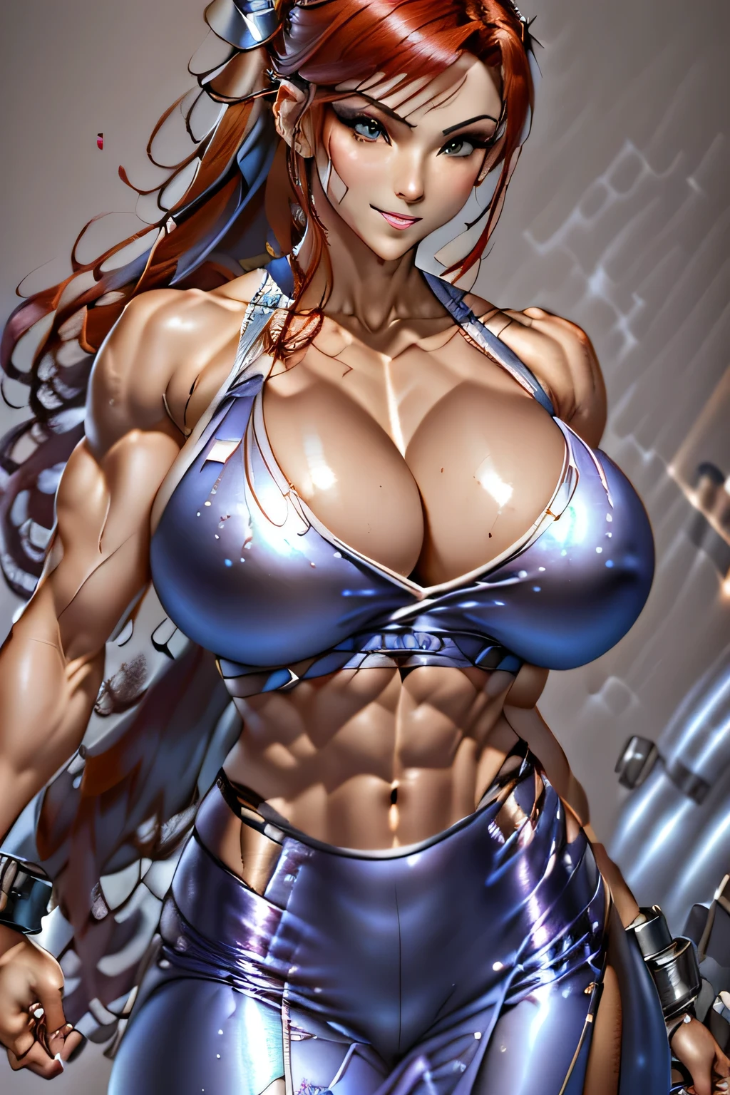 Arabian woman in shiny silver clothing taking a photo, Red Hair、Indigo eyes、Gym Chun-Li, Muscular sweat lara croft, Muscular girl, Photorealistic perfect body, Tifa lockhart, Muscular!! Science fiction, Perfect body with realistic shading, Tifa, by Okada Beisanjin, Muscular!, Muscular body, sexy Muscular upper body, Biomechanical Boobs