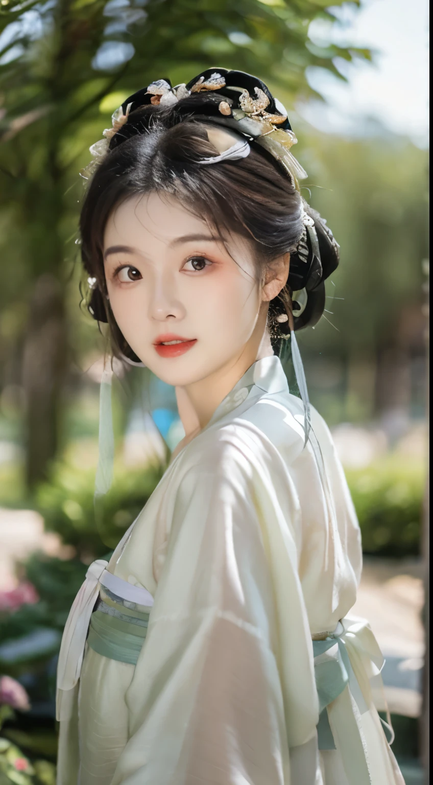 Da Tang，plump woman，Lucky Cloud Bun Headdress，Bright colors的Tang Dynasty Hanfu，silk material，Gorgeous，grace，Bright colors，fine embroidery，Tang Dynasty royal garden，The scene is，top quality,masterpiece:1.3,Ultra-high resolution,),(Super detailed,Caustic lines),(Reality:1.4,RAW Shooting,)Ultra-realistic capture,Very detailed,HD 16K，Suitable for human skin、 Natural skin texture、、Skin looks healthy and even-toned、 Use natural light and color