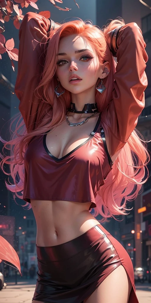 Two Beautiful girl , sexy slim fit body, orange hair , crop top mini skirt , gorgeous eyes , pink rogue lips , blushed cheeks , high texture skin