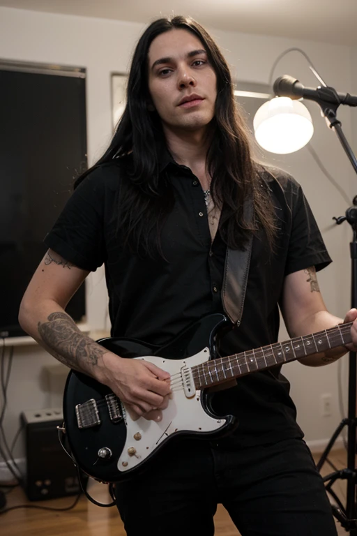 Handsome thin White man  goth long black hair male playing guitar 