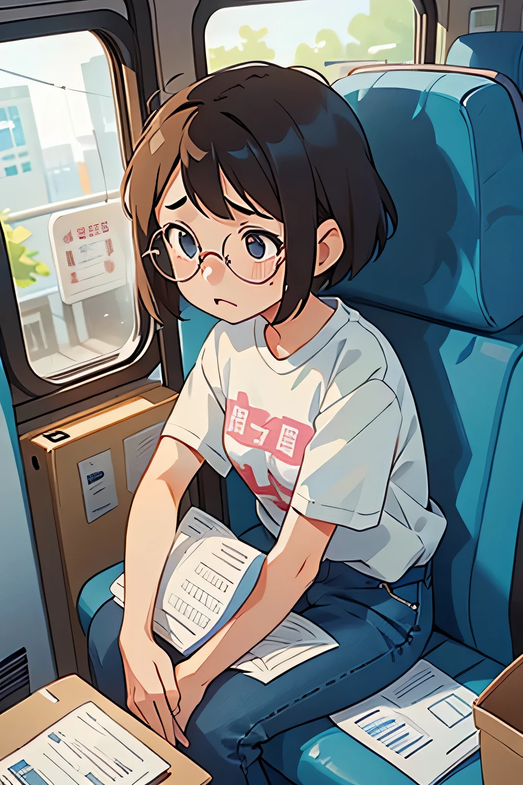 A 25-year-old girl with short hair sitting on the bus,Very unhappy expression, want to cry,Next to it is a large box full of A4 paper materials.,Wearing glasses,Wearing jeans、Short sleeve