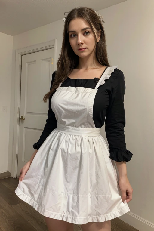 just a photo of the full body. Maid. (craw). (Pose full body). face looking at camera. Divergent Russia woman. (there is light on the maid clothes). Cosplay maid. skirt. Cosplay maid skirt. (Cosplay bull uniform). (real life big mom), (((front body pose))). mom. an (exquisite beautiful woman: 1.4), ((wearing maid clothing)). (Maid woman).((Mom)). (best detailed face:1.3), (ultra feminine: 1.3), dynamic hair, long hair, wavy hair, blue eyes, intent eyes, photorealistic, 16k, RAW, (best detailed: 1.5), masterpiece, best quality, (best detailed: 1.3), full body, ultra wide shot, 3D rendering. (((plain background. no background))). (((front tread. front view))). ((Pose body)). ((Maid woman)) ((Cosplay maid)). Pvc latex.