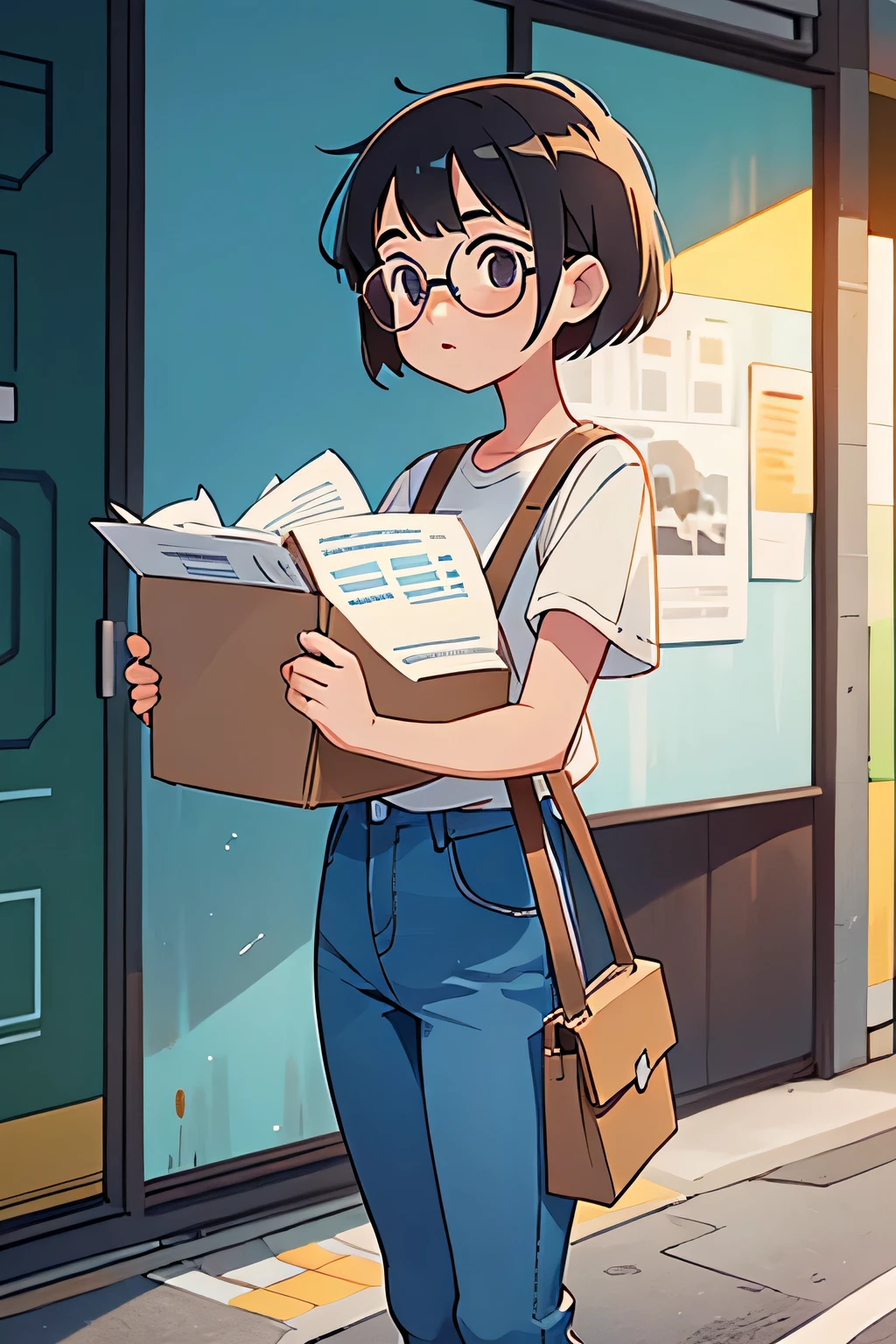 A 25-year-old girl with short hair is standing on the side of the road holding a large box full of A4 paper documents.,Wearing glasses,Wearing jeans、Short sleeve
