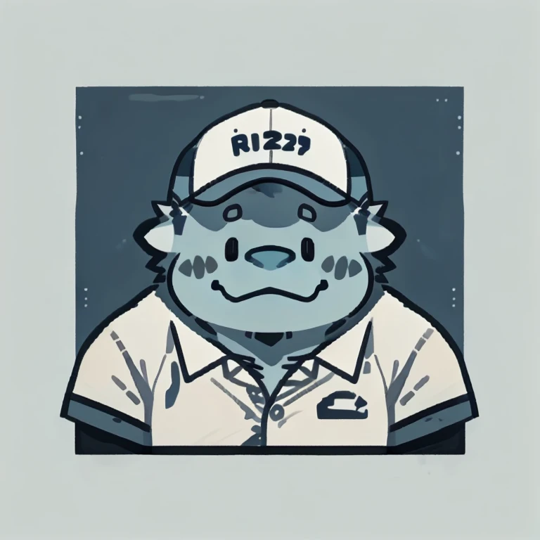 dagon face,Cute face,Humanity(dagon), (White short sleeve:1.3), (with cap), (janitor), (line art) , (round face), Chubby,(white eyebrows:1.1),（Upper body naked:1.2）,(perfect black eyes),Simple background, Blue Background,print style。（Artist:Takemoto Arashi