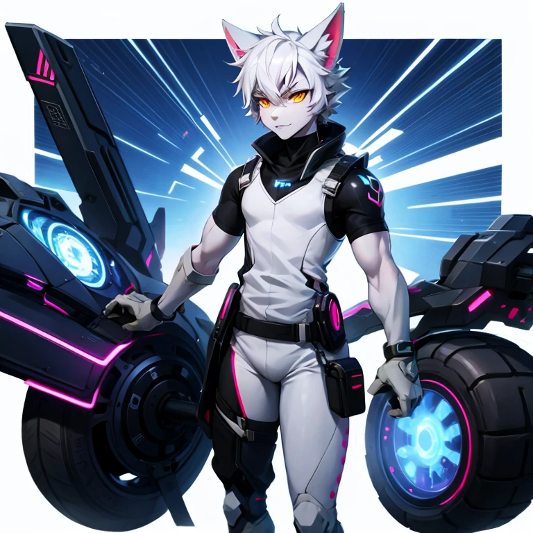 cyber punk perssonage,epcot,Tech style,solo person,White body,White ears,White hair,Overall white,Orange-yellow eyes,Wolf tail,Wolf orcs,Young,Wear a short-sleeved shirt,Ultra-clear screen,Soft lines