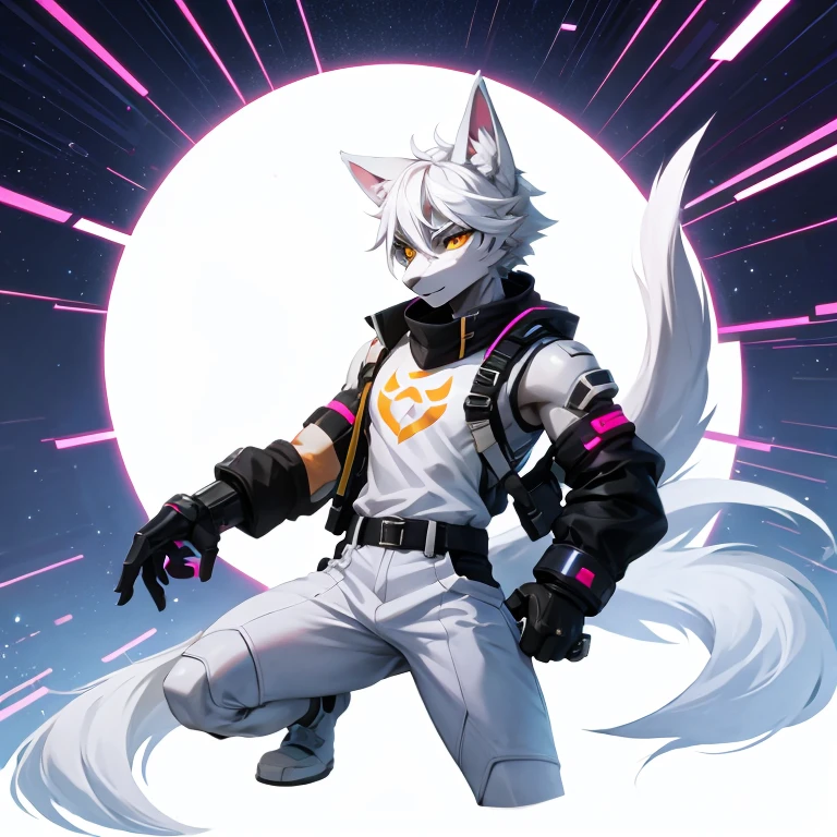 cyber punk perssonage，epcot，Tech style，solo person，White body，White ears，White hair，Overall white，Orange-yellow eyes，Wolf tail，Wolf orcs，Young，Wear a short-sleeved shirt，Ultra-clear screen，Soft lines