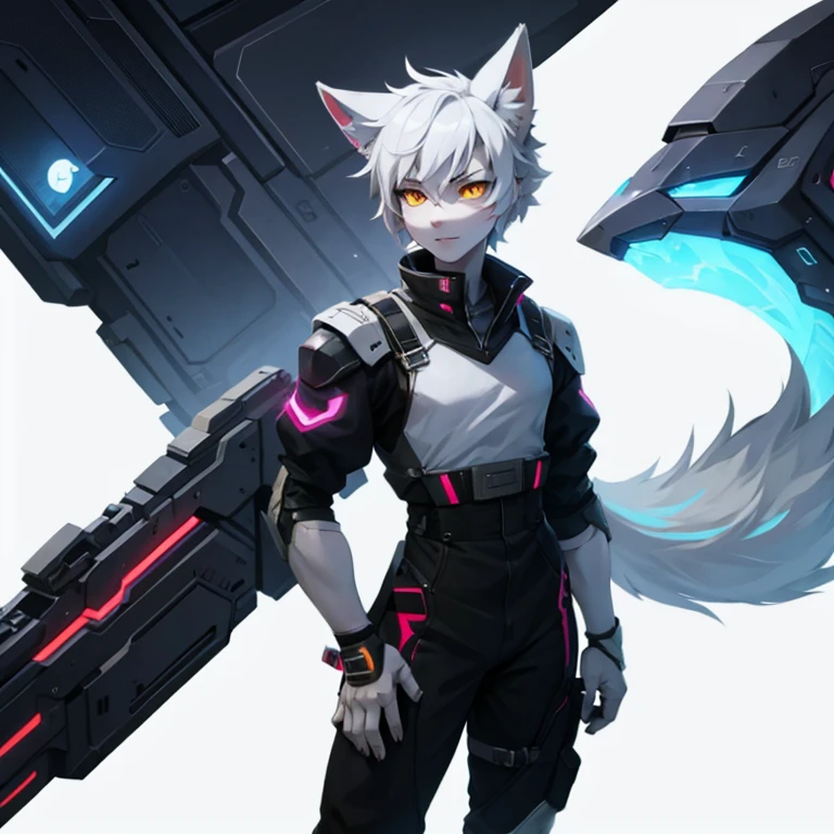 cyber punk perssonage，epcot，Tech style，solo person，White body，White ears，White hair，Overall white，Orange-yellow eyes，Wolf tail，Wolf orcs，Young，Wear a short-sleeved shirt，Ultra-clear screen，Soft lines