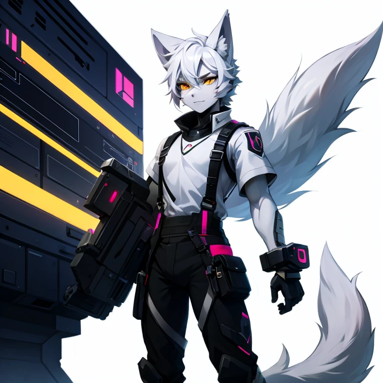 cyber punk perssonage,epcot,Tech style,solo person,White body,White ears,White hair,Overall white,Orange-yellow eyes,Wolf tail,Wolf orcs,Young,Wear a short-sleeved shirt,Ultra-clear screen,Soft lines