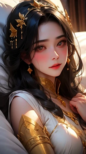 Sick princess in her bed, black hair, golden eyes
