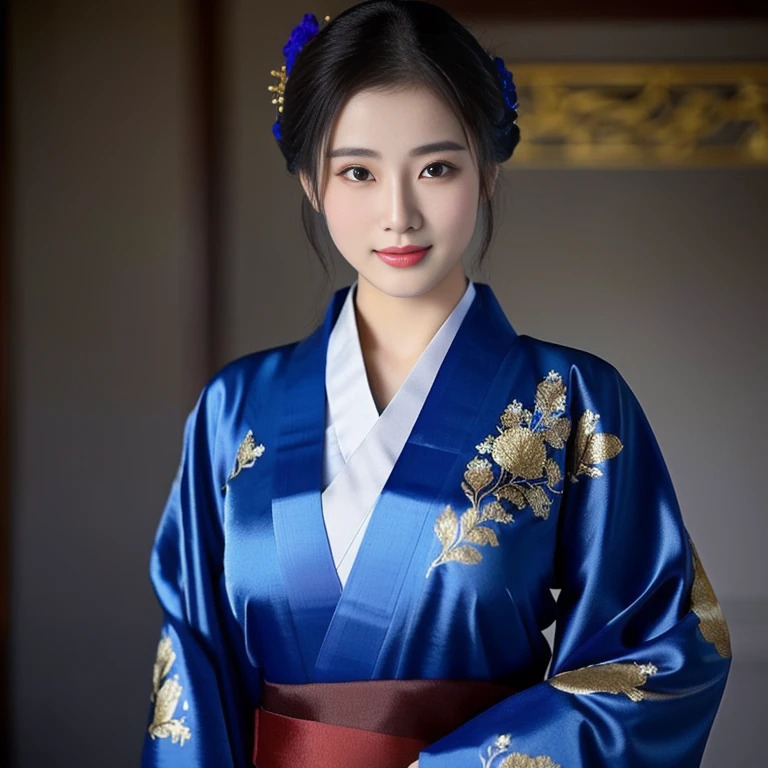 Asian woman Arav in expensive silk kimono, blue,gold color,red, ผู้หญิงอาราฟในชุดกิโมโนblueโพสท่าถ่ายรูป, palace , a girl in Hanfu, Hanfu, สวมChinese dressโบราณ, สวมเสื้อคลุมblue, traditional chinese clothing, สวมเสื้อคลุมblue, with ancient Chinese clothes, Chinese dress, Inspired by Gu An, traditional beauty, white Hanfu, traditional clothing, ancient chinese beauty