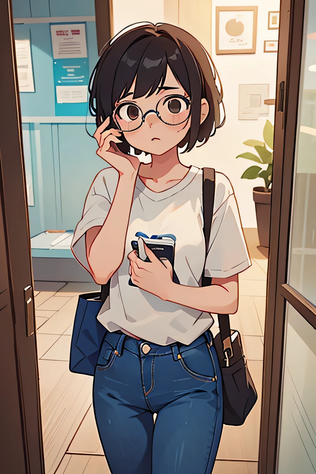 A 25-year-old girl with short hair is talking on the phone at the entrance of the store,Wearing glasses,Wearing jeans、Short sleeve,Very nervous