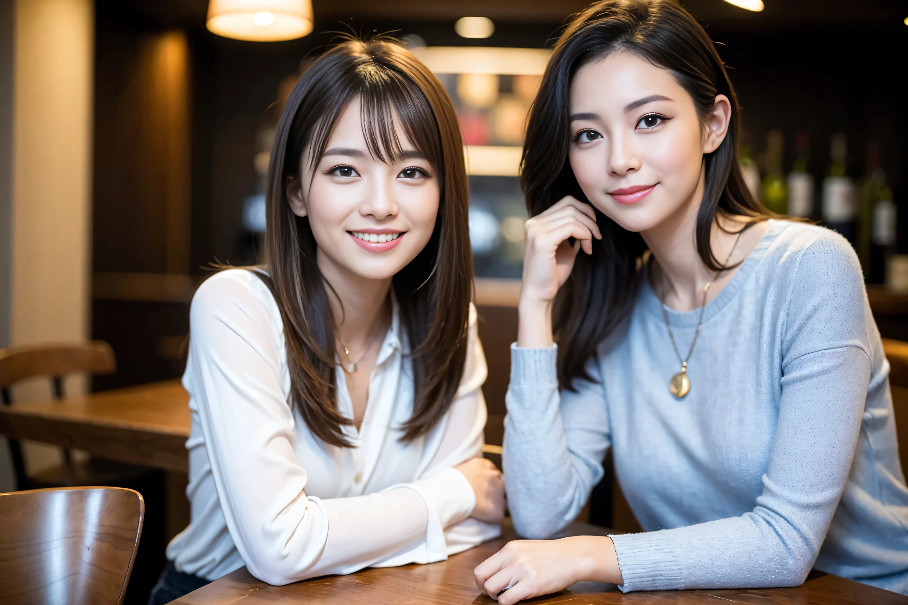 ((highest quality、8k、masterpiece:1.3))、1 male 1 female、beautiful couple、Lovers、Beautiful couple、The body is slim、((Bob Hale、Straight hair:1.2)), (Realistic, Intricate details:1.2), Wine glass on the table、Put the light on your face、 Amazing view of the sunset sky and clouds、Amazing mountain views、A bright smile、The wonderfulness of smile、Bright image、The beauty of wine, Beautiful Face, blue eyes, The light shines on your face, Blushing, short hair,Bright Face、 (Age 42), 39 years old, red wine 、Appetizers、Italian food、Wine bottle、Champagne、sparkling wine、Two beauties、Brown Hair、Shortcuts、Long sleeve shirt、dress、Pretty Woman 1, (Slim face), (The body is slim), (Brown Hair), (Shortcuts), cheeks turn a little red,Attractive beauty、restaurant, In a prominent place (From the waist up) Nova Frog Style, actress, model, Upper Body, White wine, slim, wine glass, A wine glass placed in the center, smile, (smile: 1.15), Beautiful fine grain, Depth f/2,saturation, High Contrast, Strong light and shadow,Moist Body:1.5、3D texture、Delicate eyes、Brown Hair、The hair is very shiny、