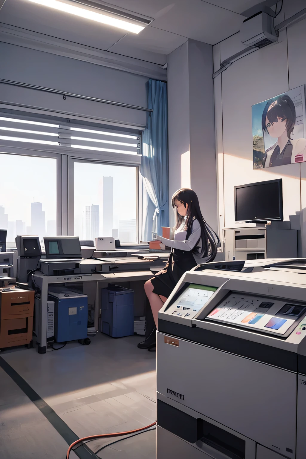 In a printer shop,There is a large printer,A 45-year-old boss lady,long hair