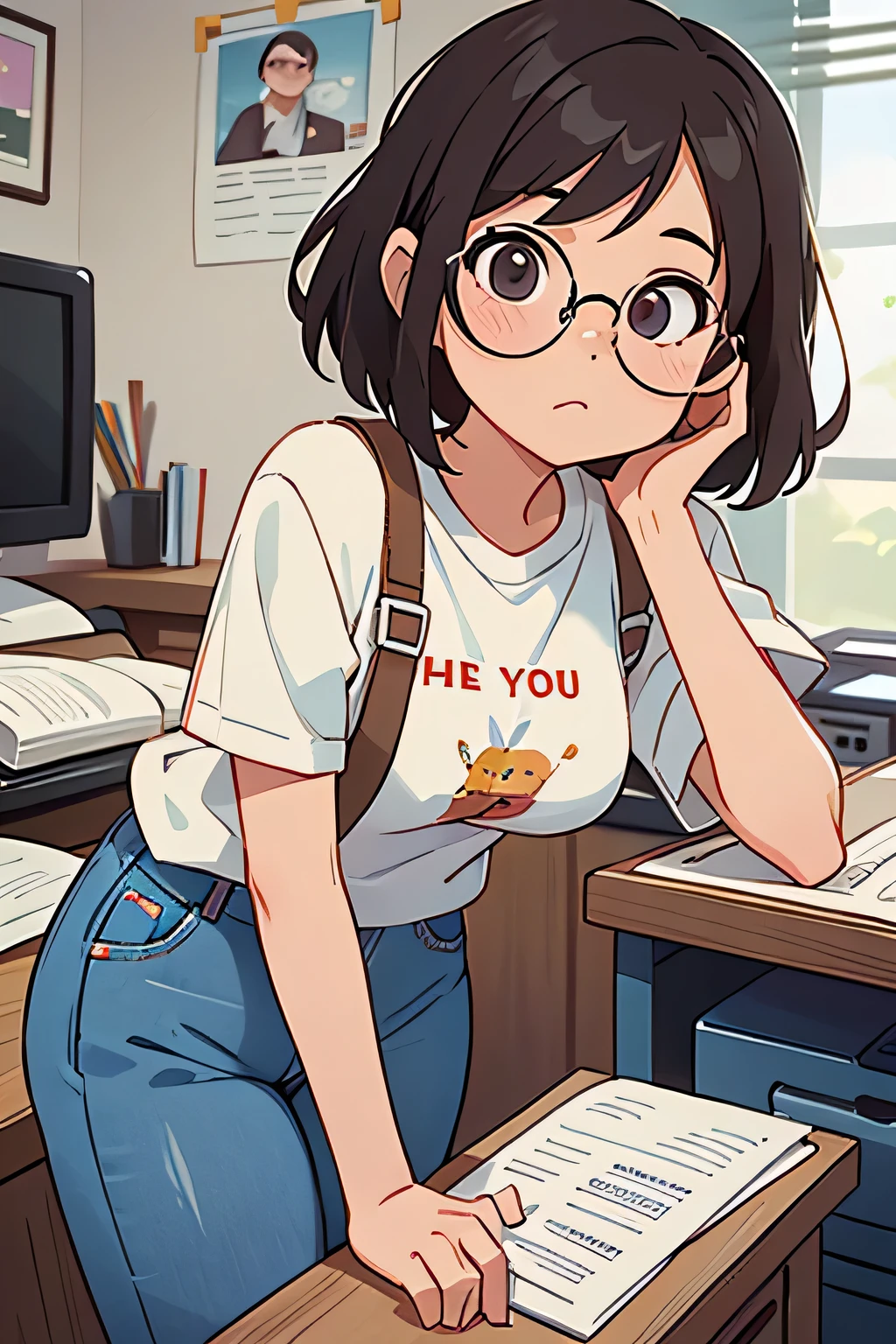 A 25-year-old girl with short hair，Wearing glasses，Wearing jeans、Short sleeve，Conveniently place a printer，A 45-year-old boss lady