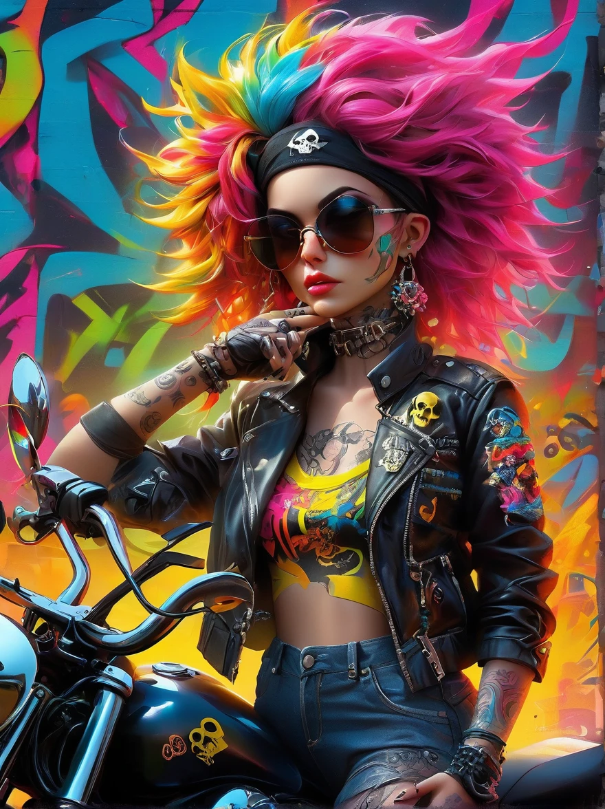Punk style, Fantasy Gothic, ((The most rebellious bad girl in history)), 1girl, ((solo)), (((Stylish sunglasses))), Pirate hat, Lips in love, Skull Fashion, Neon, Short iridescent hair, Rainbow fabric, Biker Jacket, Bodysuit, Gold pattern, Ancient runes, Metal nails, (Middle finger raised:1.3), Standing in front of a motorcycle skull graffiti art background, Add whimsy to the scene, To enhance the sharpness and modernity of the scene, Sharp lines, Bold brushstroke numbers, Surrealism, Conceptual art, Futurism, UHD, masterpiece, accurate, anatomically correct, textured skin, super detail, high details, award winning, 8k