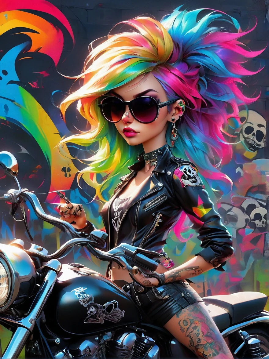 Punk style, Fantasy Gothic, ((The most rebellious bad girl in history)), 1girl, ((solo)), (((Stylish sunglasses))), Pirate hat, Lips in love, Skull Fashion, Neon, Short iridescent hair, Rainbow fabric, Biker Jacket, Bodysuit, Gold pattern, Ancient runes, Metal nails, (Middle finger raised:1.3), Standing in front of a motorcycle skull graffiti art background, Add whimsy to the scene, To enhance the sharpness and modernity of the scene, Sharp lines, Bold brushstroke numbers, Surrealism, Conceptual art, Futurism, UHD, masterpiece, accurate, anatomically correct, textured skin, super detail, high details, award winning, 8k