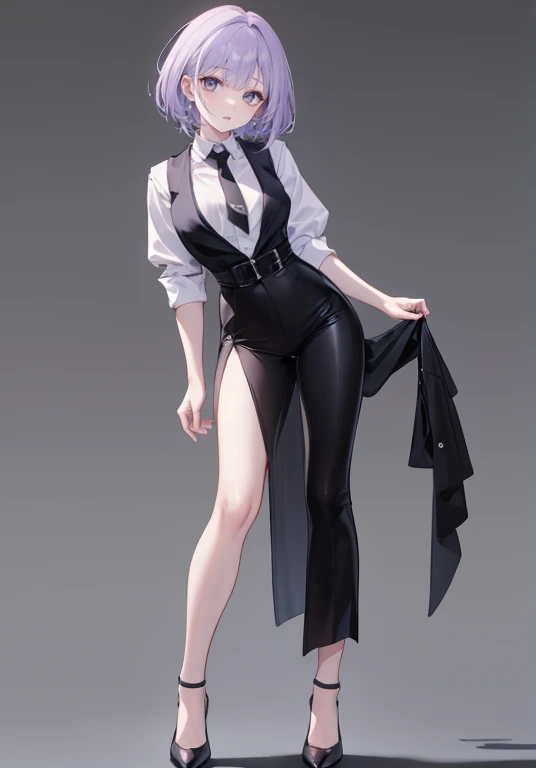 ((Perfect Face)),Purple Hair,Shortcuts,Adult female,Gothic,bartender,((Harness)),Black vest,((Shirt with rolled up sleeves)),tie,((slit)),(High heels),((Simple Background)),smile,((full body)),((Full Body)),Character portrait,((upright)),Both arms are lowered,