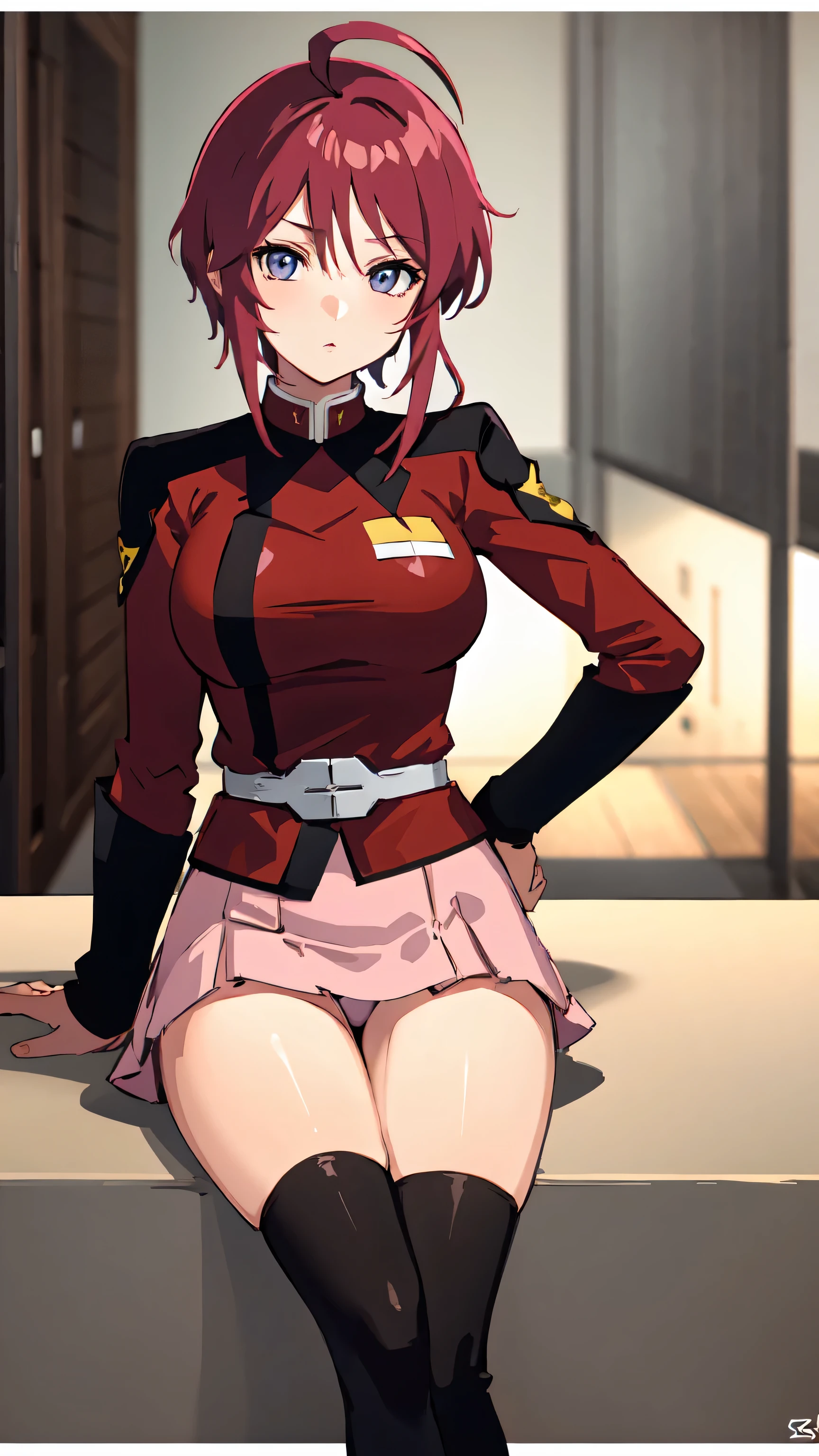 Zettai ryouiki,sitting,beautiful thighs ,((masterpiece)), ((highest quality)), ((Super detailed)), 8k, 16k, Beautiful face in every detail, Beautiful eyes in every detail, sl1, One girl, short hair, Redhead, Ahoge, Long sleeve, uniform, Pink Skirt, Big Breasts, Expressionless, Combat Stance, Research Room, looking at viewer,