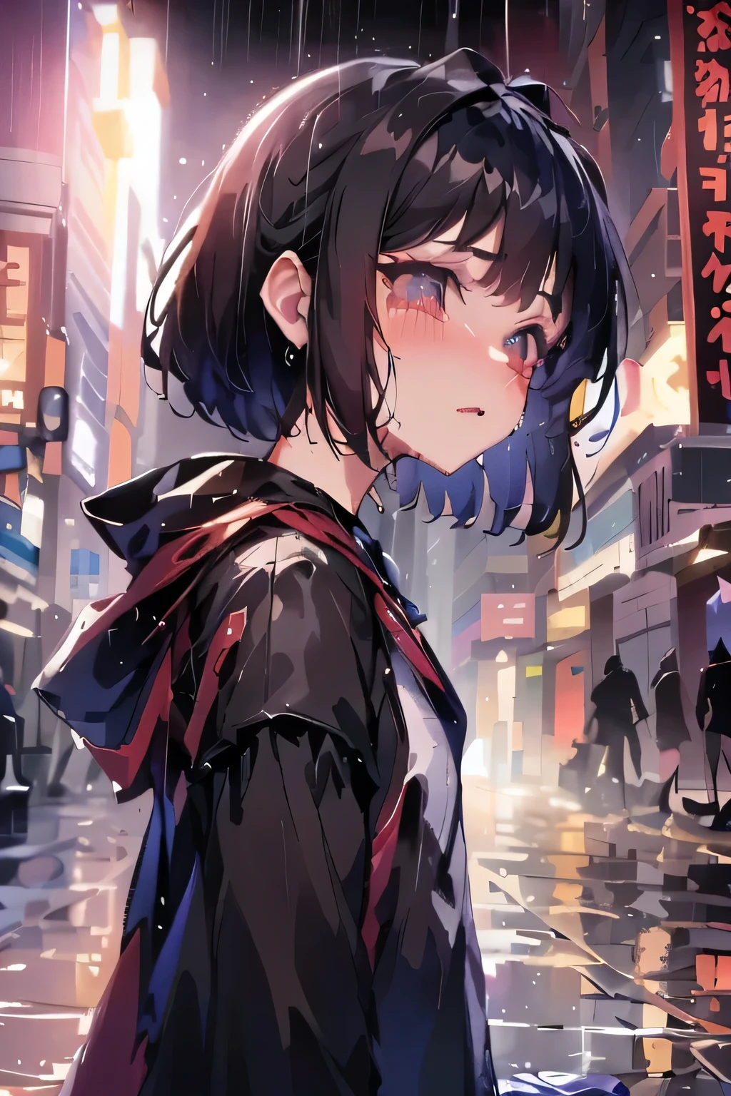 Rainy Day,Dark night,Black short hair,The girl bowed her head and cried,Tears,Stream Tears,Tears