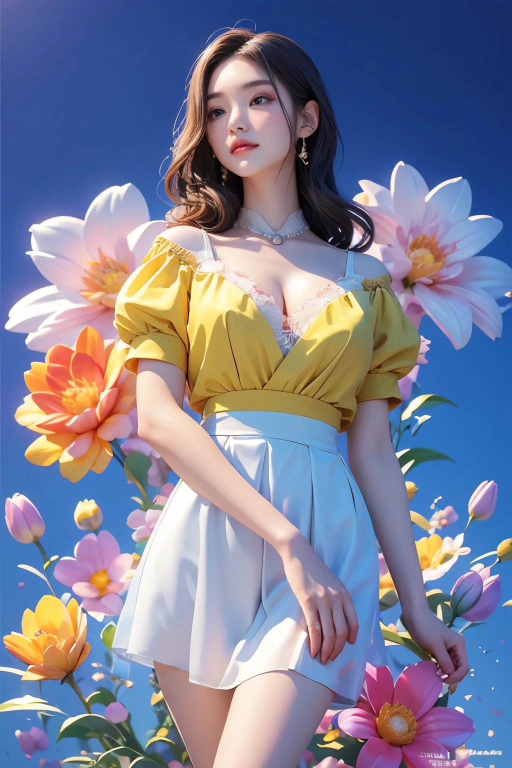 movie 사진 솔로,1 woman,,BJ_Alice,lace-trimmed_skirt,two tone_legwear, Short sleeve dress, big bust,(colored hair:0.1),The beauty stands on the flowers,The facial details are perfect.,Wow, the character details are so nice.,trendy portrait,bright colors,clean background,Panorama,large aperture,pop mart production,delicate luster,8K gradient translucent glass melt,frosted glass,masterpiece, best quality,, hyperreal,realistic,16,000,high detail,high resolution . 35mm photo, movie, bokeh, professional, 4K, very detailed