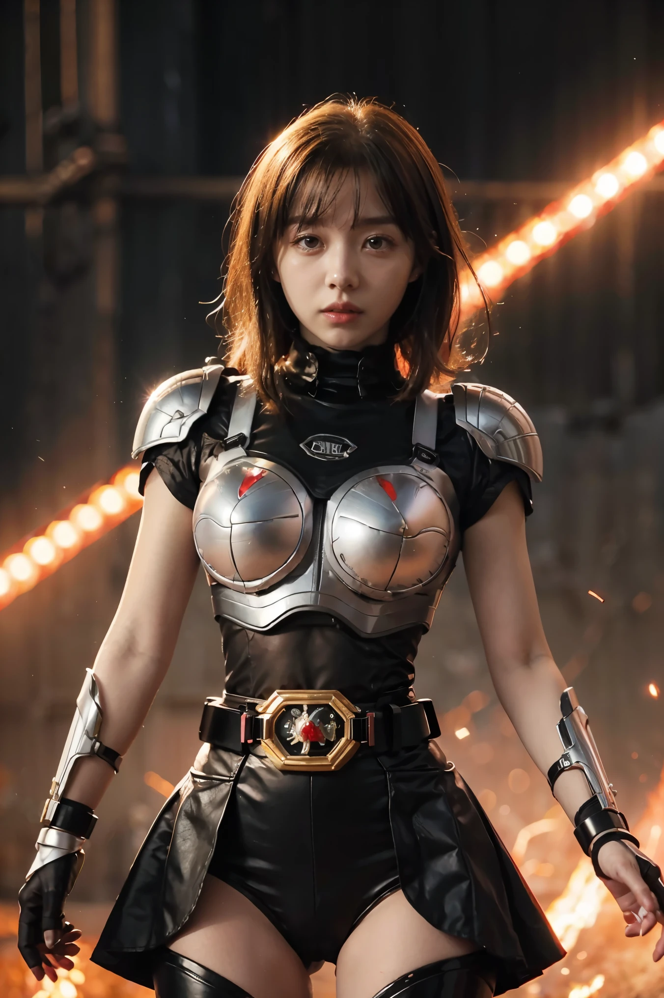 1girl, solo, 8K， Top，hentail realism、Front lighting，Kamen Rider Scarlet_Sun。Metallic body，Crimson shone with a silver glow、Wear a deformed belt、Burn with a righteous heart, She follows the minions of evil々Defeat。The fighting intensified、The last enemy appears。Special moves(Crimson crushed)、Kamen Rider illuminates the darkness。