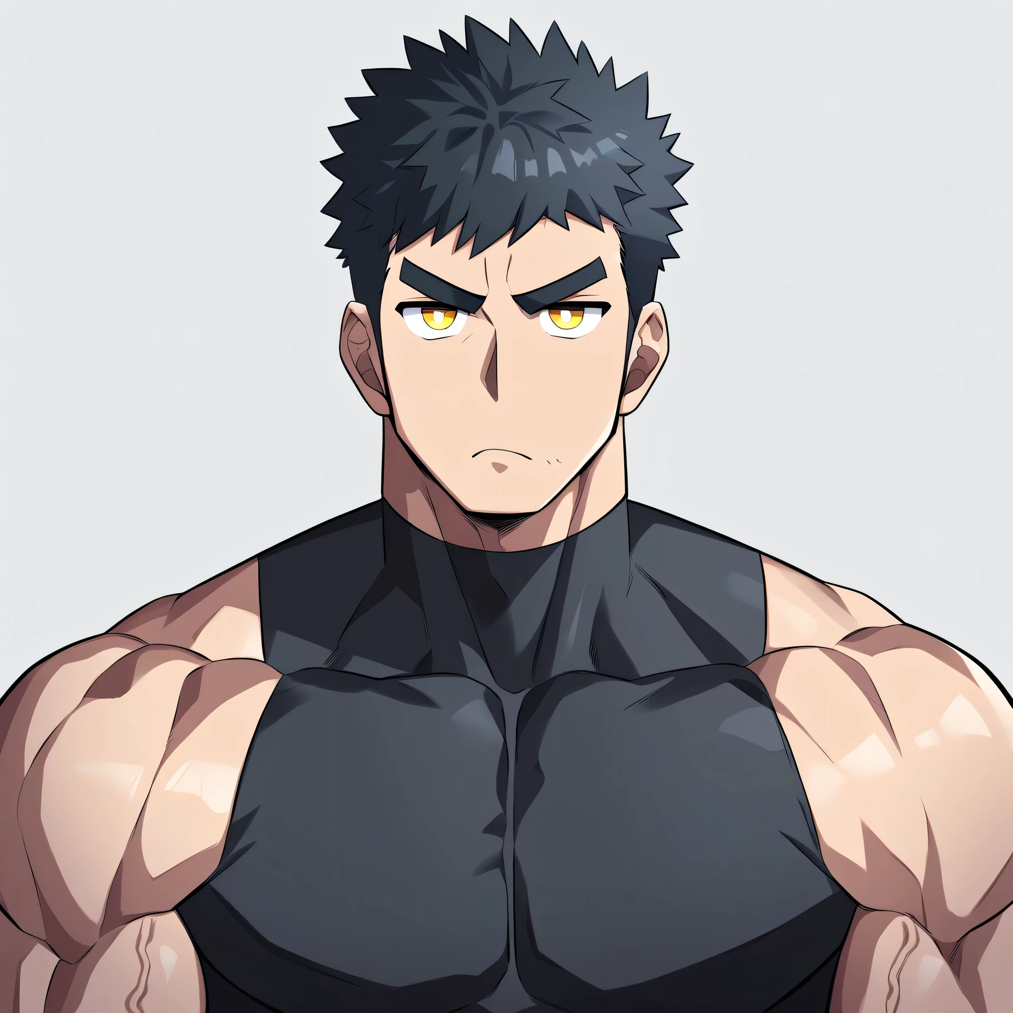 1 Young muscular fitness trainer, Male focus, Black tights, Layered over a black tights, muscular male, muscular, only, Upper Body, Solitary, short black hair, Thick eyebrows, Small amount of stubble, Yellow eyes, White background, Simple background, excellent quality, Best aesthetics, ridiculous, Smart pupils, short hair, jitome, v-shaped eyebrows, Anime, best quality