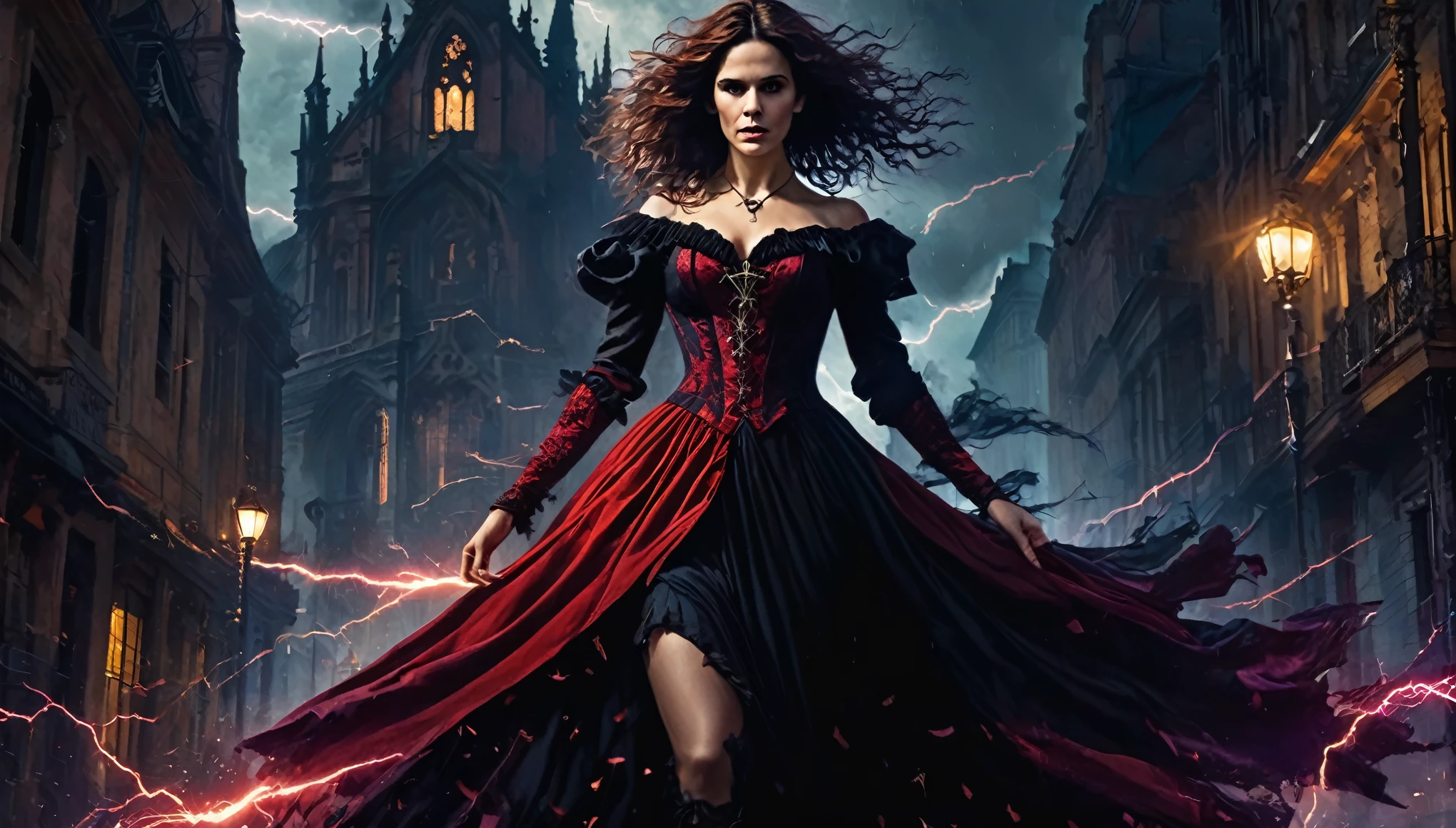 1 girl "Ally Sheedy com vestido vermelho longo", flutuando na cidade with lightning bolts, Mulher no vestido vermelho longo com cabelo vermelho e preto, gothic maiden, Art not Guweiz style, No estilo de arte Bowater, 8k arte detalhada de alta qualidade, gothic art style, wearing a gothic dress, fechamento, Olhos vermelhos, olhando para baixo, cabelos brancos, vento, head tilt, cabelos brancos, Cabelos Longos, Tira vigorosa, cabelos lisos, cabelo grande, cabelos expressivos, (Olhos vermelhos que brilham intensamente:1.8), olhos para baixo, (Olhos vermelhos:1.5), Pessoas fugindo das ruas movimentadas da cidade repleta de lojas々, rua movimentada, A huge amount of purple lightning shot out from the girl'the hand and hit the city, lightning clouds, Atmospheric lightning, Pink Lightning, with thunderstorms, Tempestade escura with lightning bolts, Dramatic purple lightning, Lightning in the sky, contrast lightning, thunderstorm in the sky, lightning in the background, with lightning bolts, clima tempestuoso with lightning bolts, Top volumetric lighting,Efeito de usar aura roxa,(Control a large number of beams with open arms:1.4), Lightning effect on both hands, Countless balls glowing purple around the girl,goddess of lightning, tempestade, storm outside, Ela atrai muitos raios roxos,