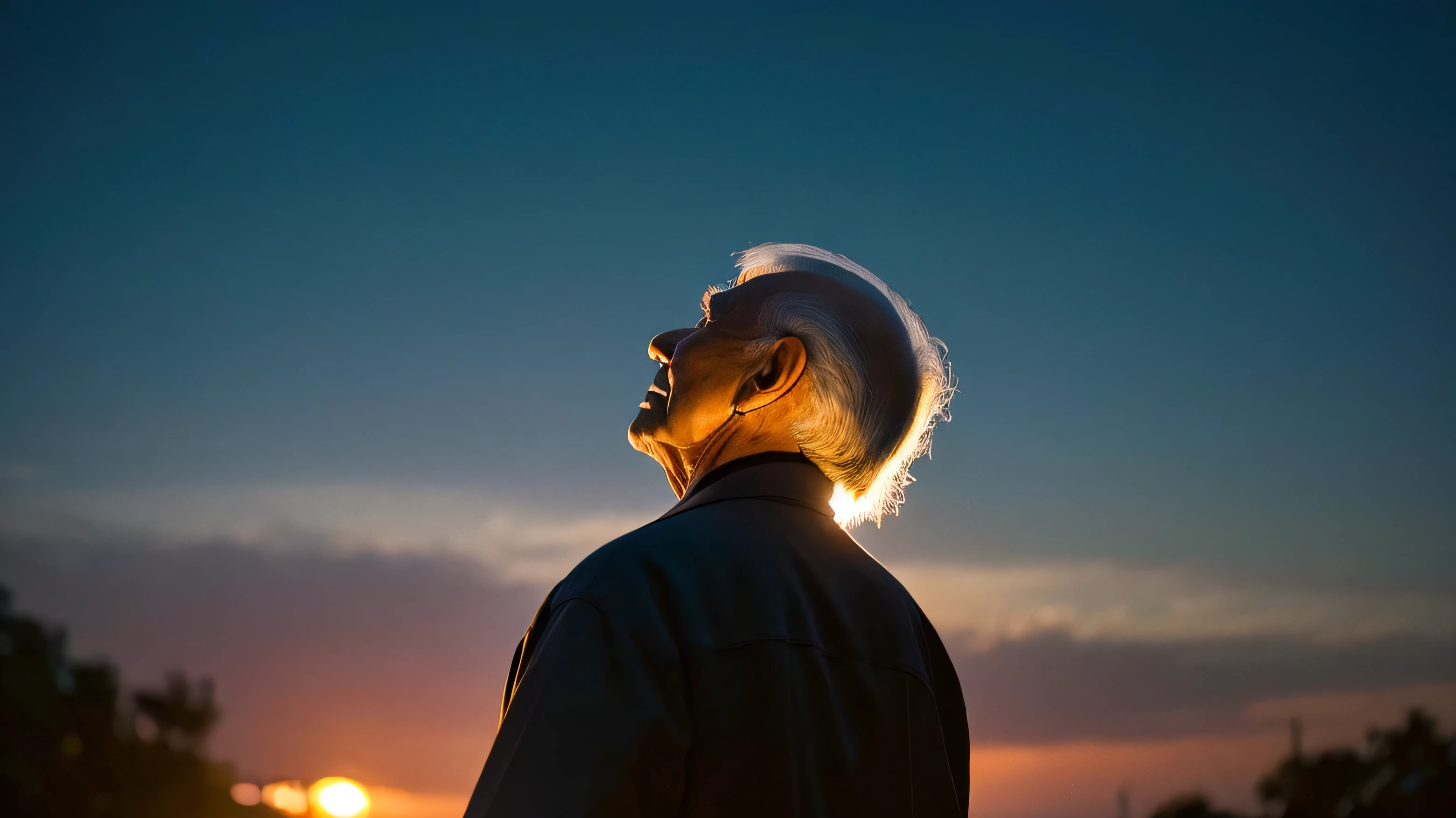 evening、Back view of an elderly man gazing at the sky、high resolution、