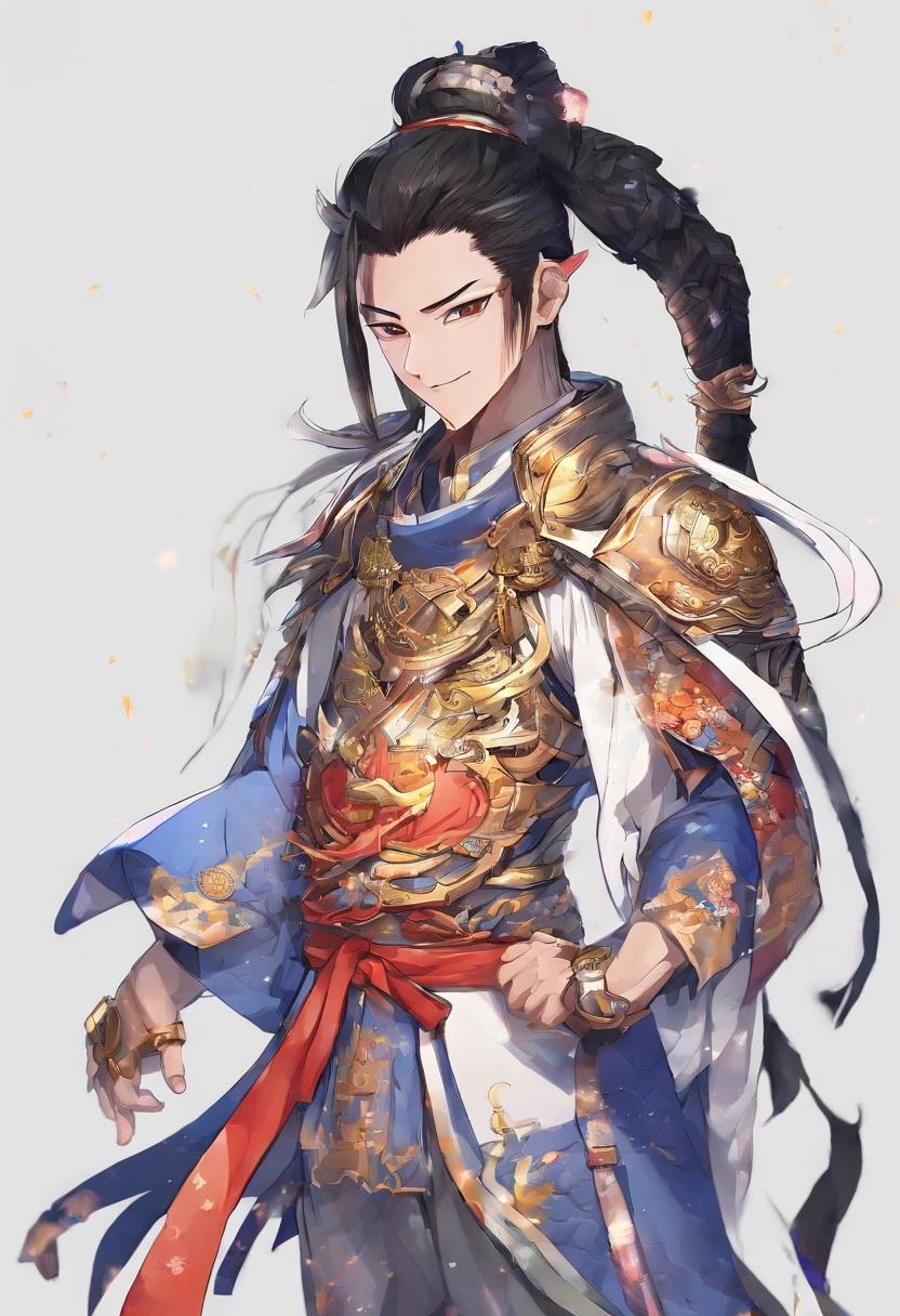 Ancient Chinese man in armor、Clever man、Looking into the camera、His hair is in a bun、Only one topknot、Black Hair、Stand and pose、Pixel art、(masterpiece, highest quality, highest quality), pixel,pixel art,whole body,Characters in Romance of the Three Kingdoms、Transform、Short Deformation、The head is decorated with white embroidery......、Handsome man in trousers