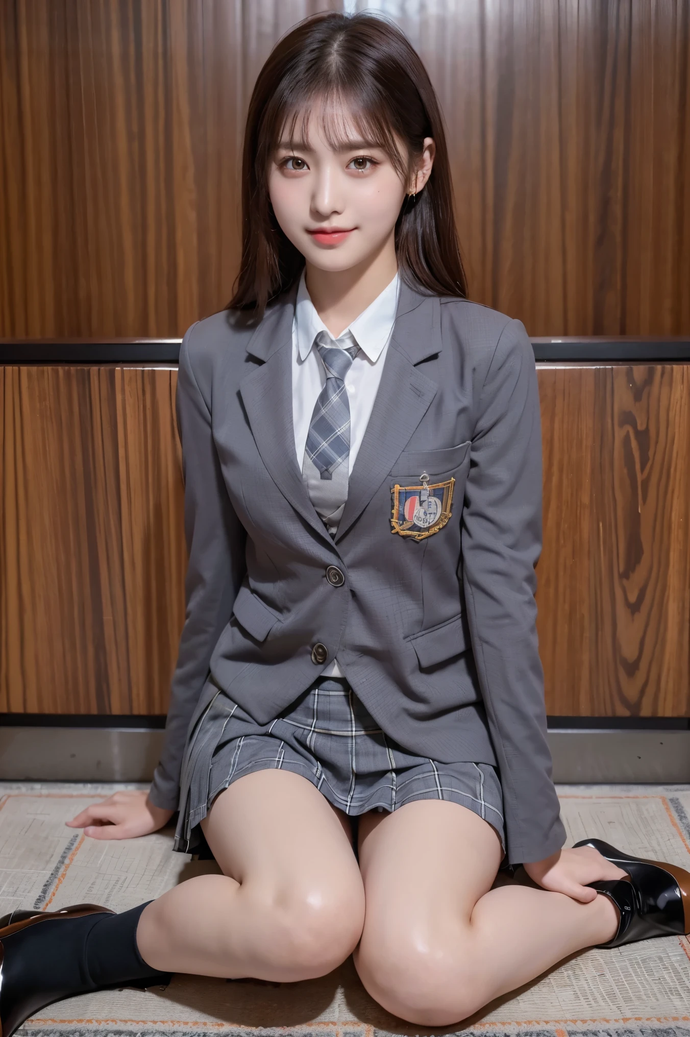 (8k), (highest quality: 1.2), (Realistic), (Realistic: 1.37), Ultra-high resolution, (1 girl), cute, blush,Embarrassed smile, Beautiful details, Beautiful Nose, straight Hair, Giant Dulcefo, pork, Thighs,Self Snap,University Uniforms,(A simple dark brown blazer:1.4),(Pleated skirt:1.2),(The skirt and tie are gray tartan check pattern.:1.3),(Sitting:1), Sit on the ground,(Hold my feet:1),(Shiny legs:1.2),from the front,knees