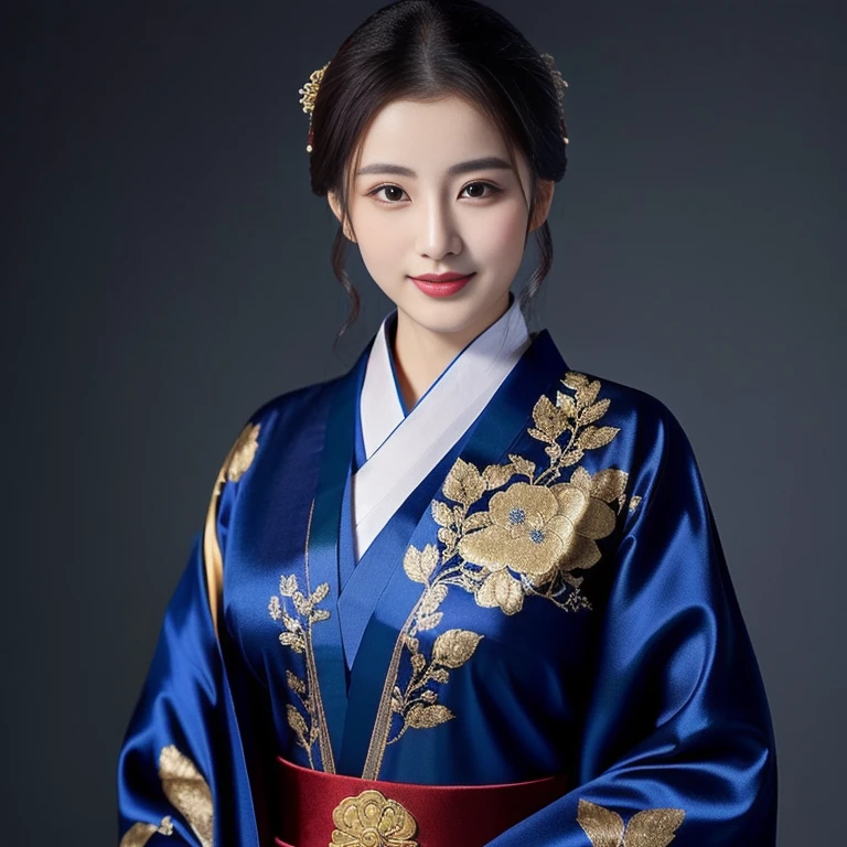 Asian woman Arav in expensive silk kimono, gold color,red, Araaf woman in a blue kimono poses for a photo., palace ， a girl in Hanfu, Hanfu, สวมChinese dressโบราณ, wearing a blue coat, traditional chinese clothing, wearing a blue coat, with ancient Chinese clothes, Chinese dress, Inspired by Gu An, traditional beauty, white Hanfu, traditional clothing, ancient chinese beauty