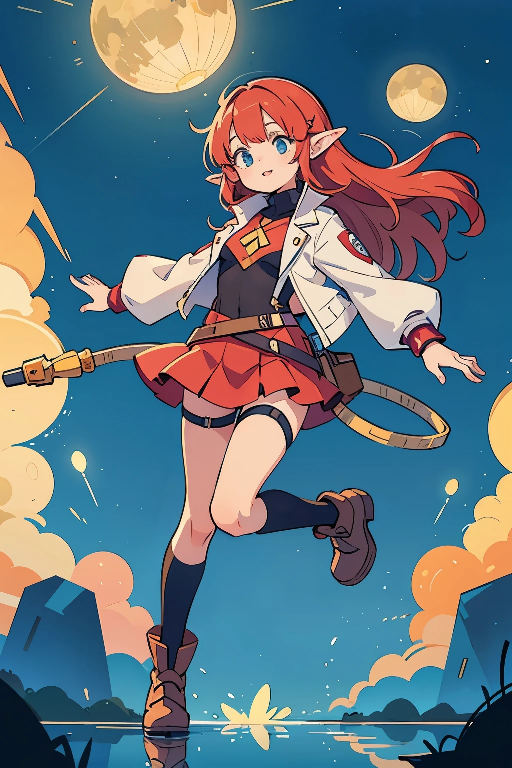 Create an anime-style illustration of a girl with an engineering motif. She should have striking red hair, exuding intelligence and creativity, and elven features such as pointed ears. Her attire should be slightly more revealing yet tasteful and professional, such as a sleeveless fitted jacket with a deeper neckline, a short skirt, and perhaps some thigh-high stockings. Ensure the illustration depicts her entire body in a gravity-defying pose, conveying confidence and competence. Include elements like a tool belt or engineering equipment to emphasize the theme. Her expression should be friendly and approachable, inviting visitors to engage with the site. The design should balance professionalism with an appealing aesthetic, reflecting a confident and empowered portrayal.Draw the whole body